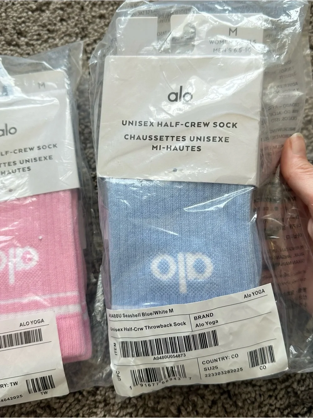 ALO Yoga Unisex Half-Crew Socks — Pink & Light Blue (Pair)